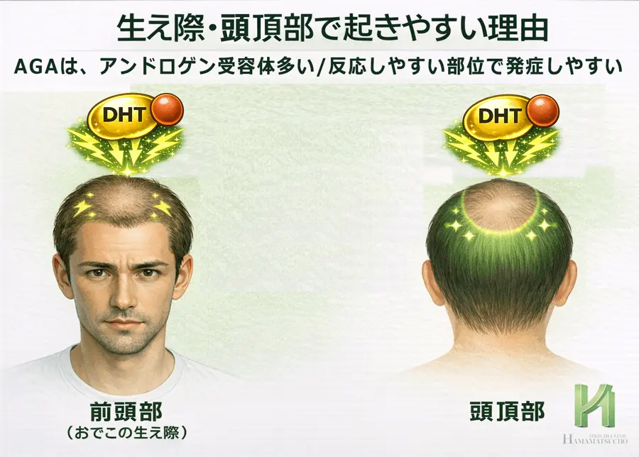 AGAで生え際と頭頂部が薄くなりやすい理由を示した図(DHTの影響を受けやすい部位と受けにくい部位の比較)