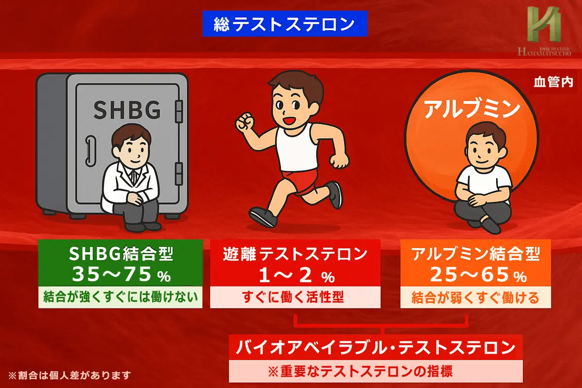 血中テストステロンの存在形態を示す図。バイオアベイラブル、SHBG結合型、アルブミン結合型、遊離型の違い。