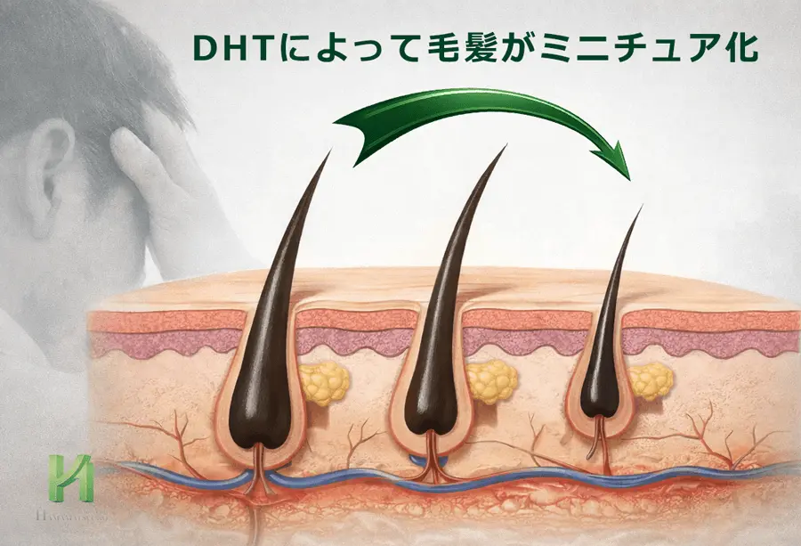 DHTの影響で毛包が徐々に小さくなり、毛が細く短くなる(毛髪のミニチュア化)ことを示す頭皮断面図