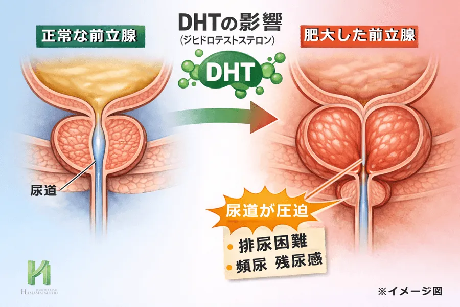 前立腺肥大症(BPH)で尿道が狭くなり、排尿困難や頻尿につながるイメージ図
