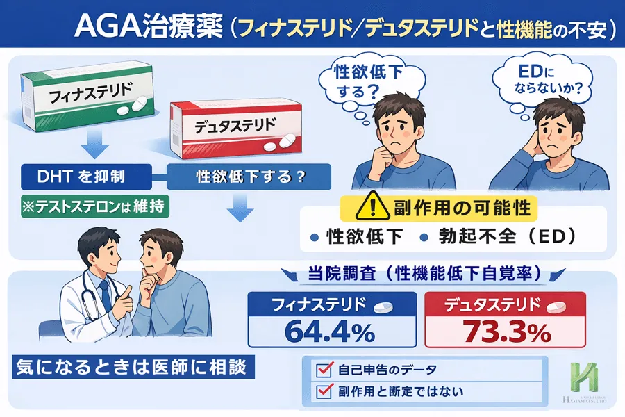 AGA治療薬フィナステリド・デュタステリドと性機能への影響について、性欲低下やEDの不安、作用機序、当院調査結果をまとめた解説図