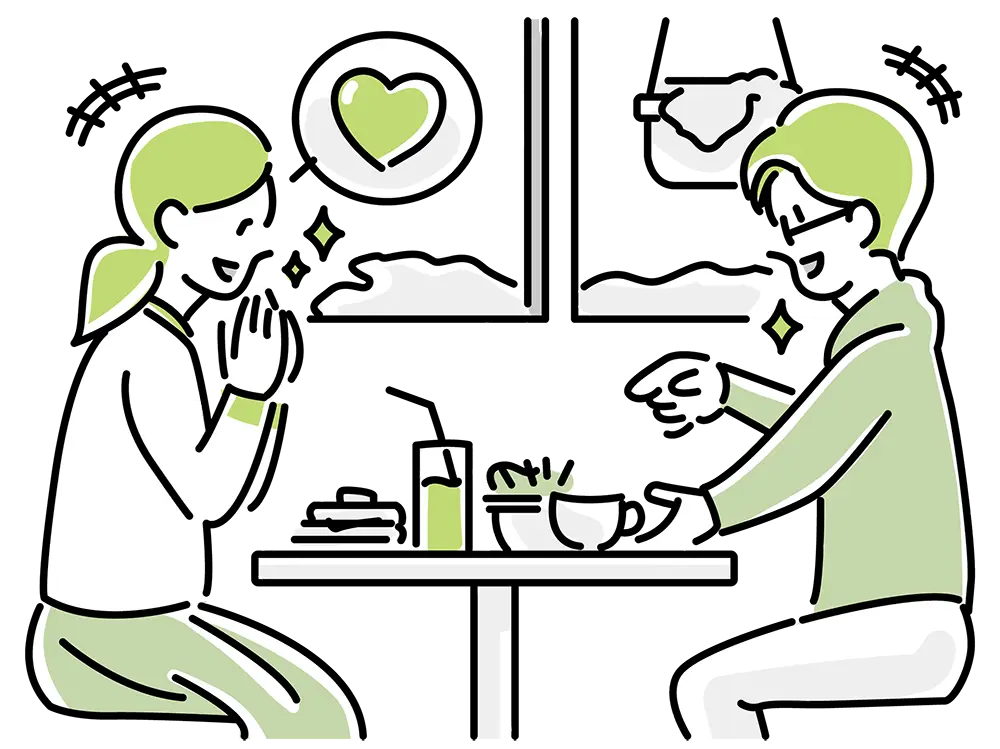 奥さんが行きたい場所（カフェ）で二人くつろいで楽しい雰囲気になっている様子