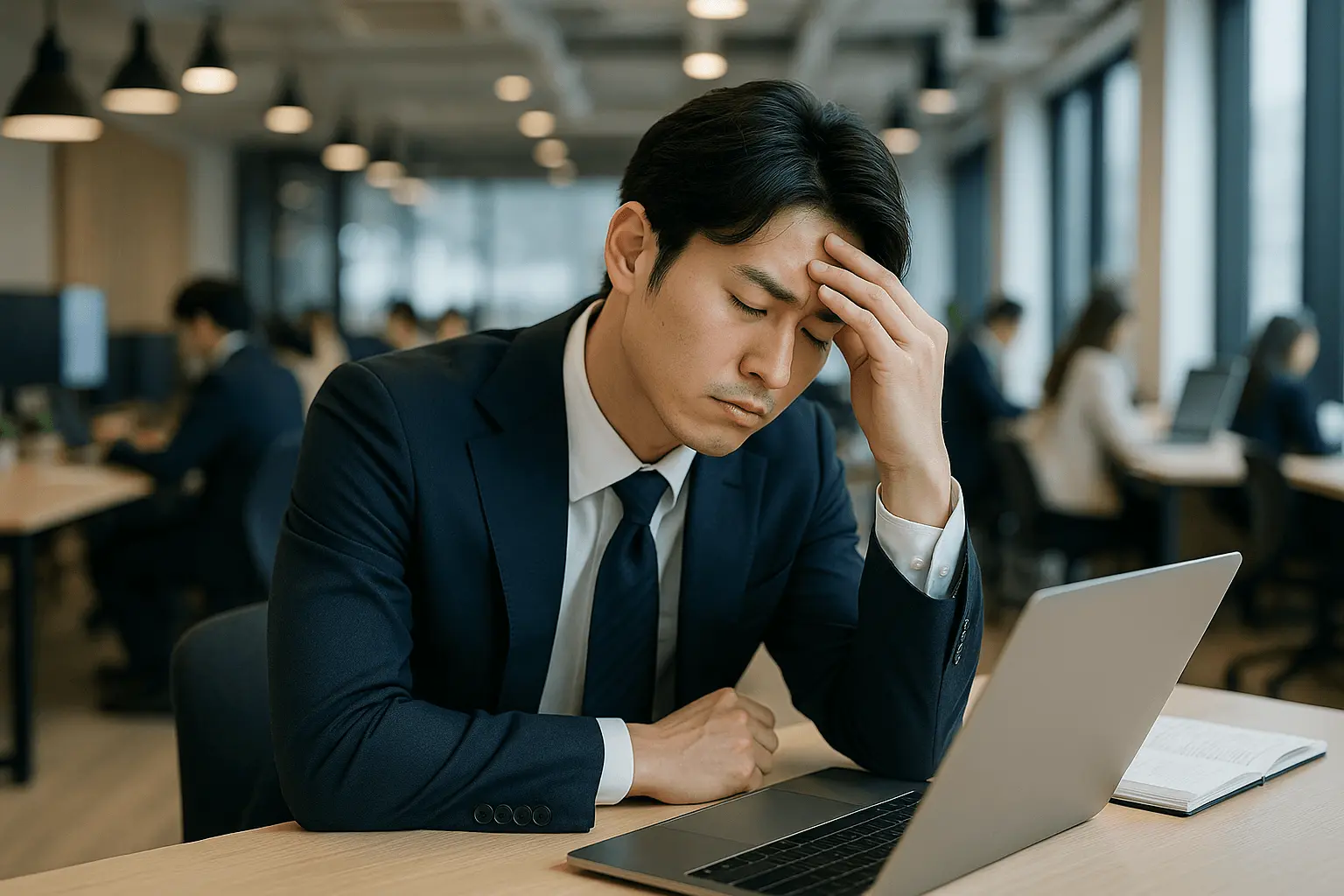 テストステロン低下による意欲低下や集中力の低下をイメージした、オフィスでストレスを感じるビジネスマン。