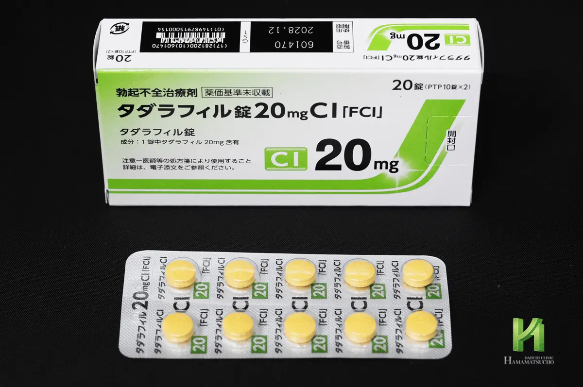 タダラフィル錠「FCI」の化粧箱とPTPシートの写真