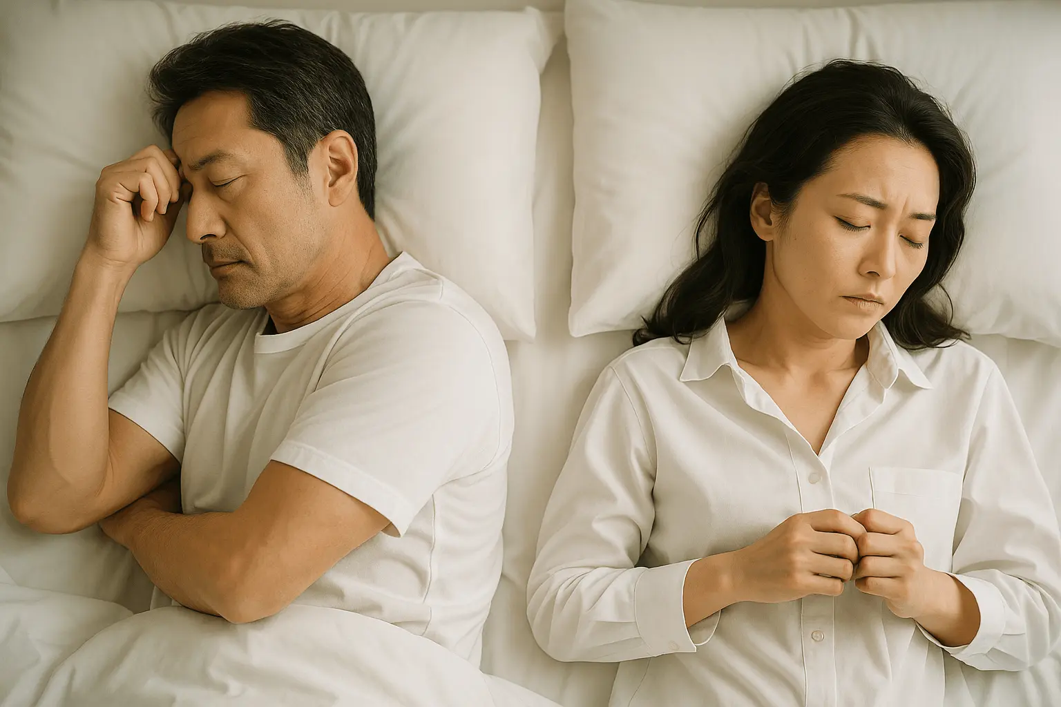 ベッドで男性がうつむき悩み、女性が背を向けて横たわる様子。テストステロンと性欲低下やEDの関係をイメージした写真。