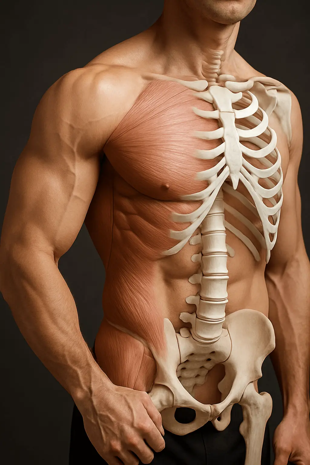 筋肉と骨格を強調した男性の上半身。テストステロンが筋肉量や骨密度の維持に関与することを示すイメージ。