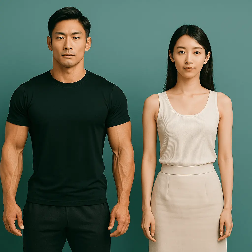 筋肉質の男性と細身の女性が並ぶ実写イメージ(テストステロンの役割解説用)