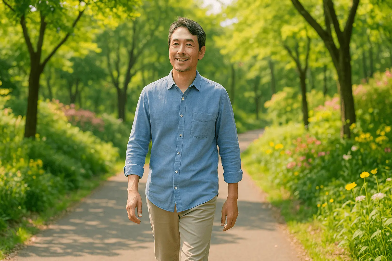 自然の中を散歩している男性